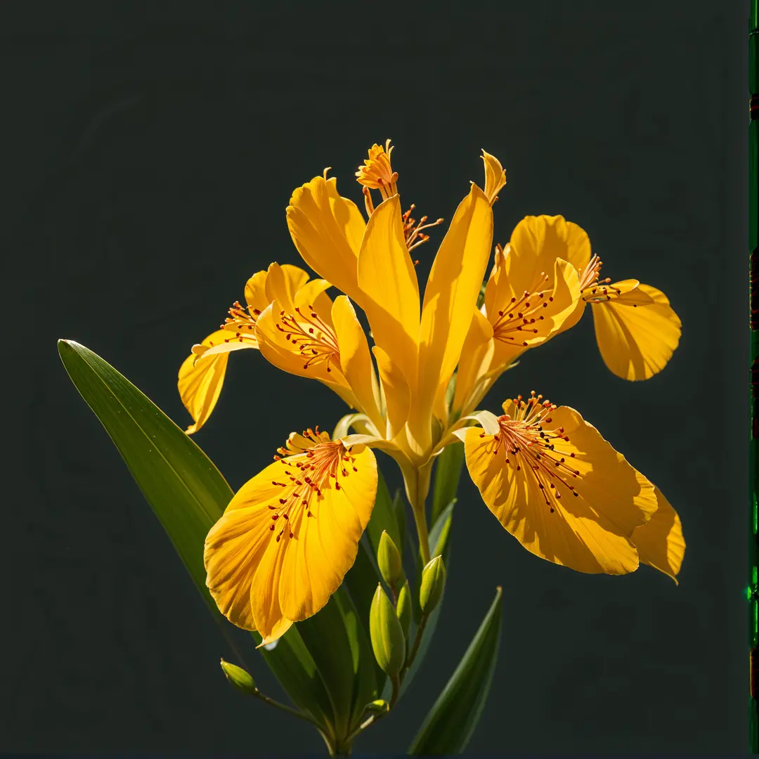 Hyper-realistic image of a detailed Iris pseudacorus flower, isolated on a dark background.