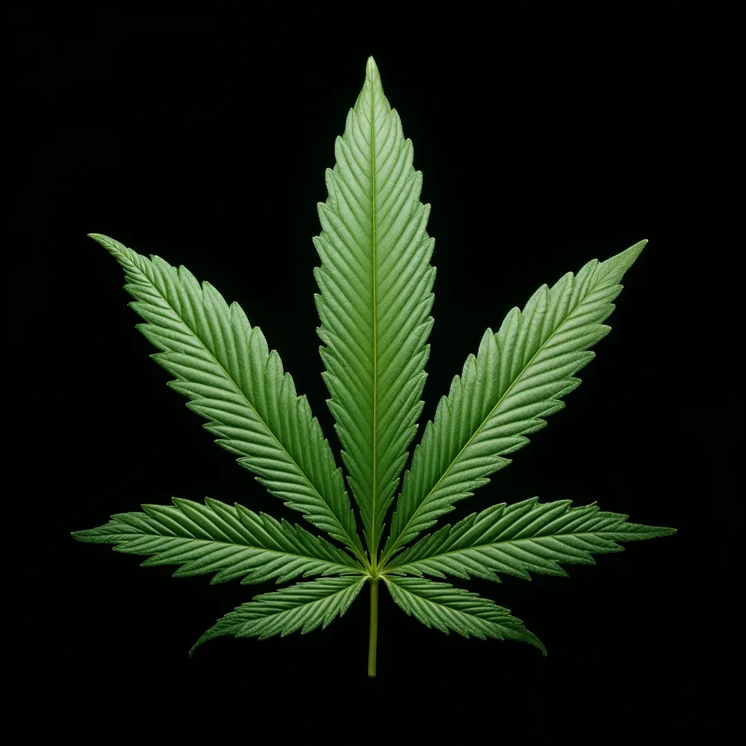 A close-up of a green Cannabis sativa leaf on a dark background.