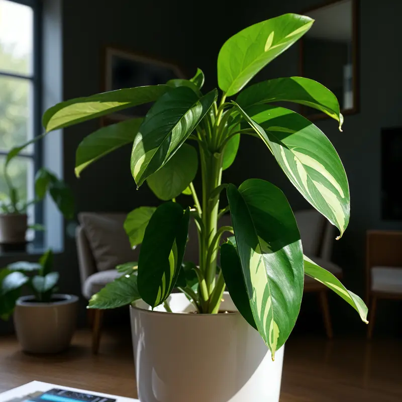 A Ctenanthe lubbersiana plant sits on a wooden table, highlighted by natural light.