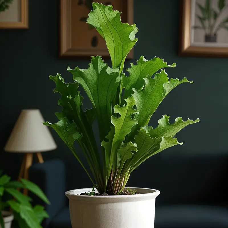 A green TOK plant (Sarracenia leucophylla) in a white pot on a table, highlighted by natural lighting.