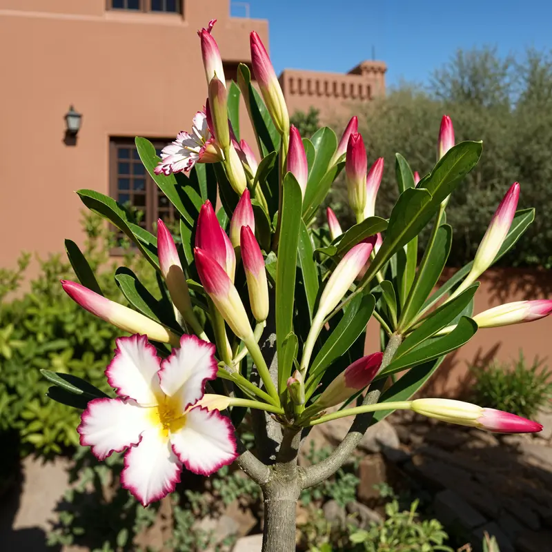 A pink and white Adenium obesum flower stands in a sun-drenched courtyard surrounded by traditional terracotta walls and rustic garden elements.