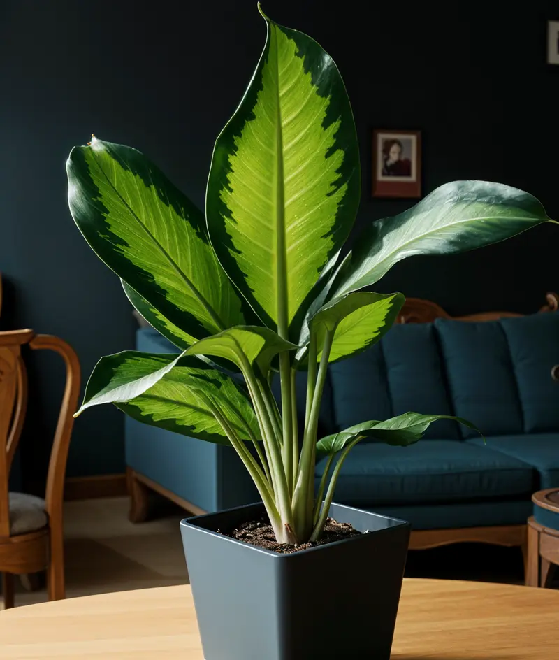 A large green Aglaonema plant sitting on a wooden table.
