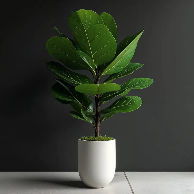 A Ficus lyrata in a white planter on a table, with natural lighting.