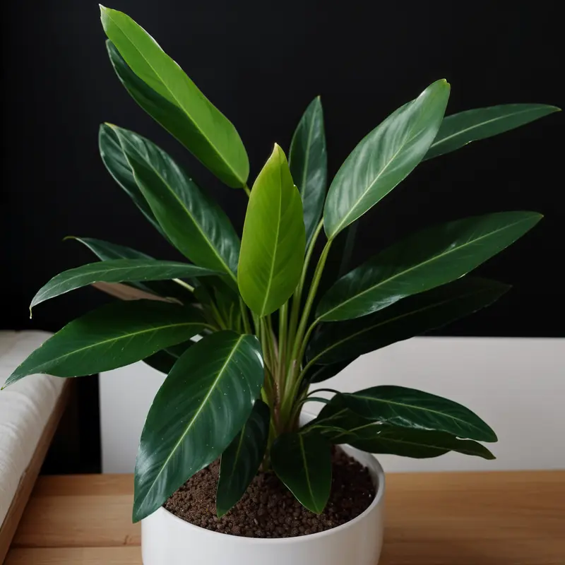 A large green Ctenanthe oppenheimiana plant sits on a wooden table, with natural lighting highlighting its structure.