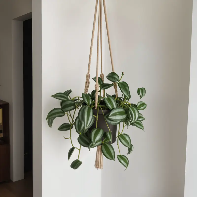 A green Tradescantia zebrina plant hanging from a wall in a modern macrame holder, softly lit.