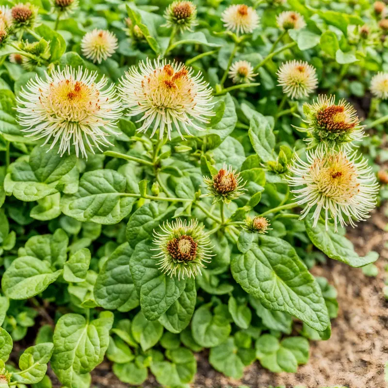 Cluster of Arctium lappa (burdock) flowers in a city park, with neutral lighting and panoramic view.