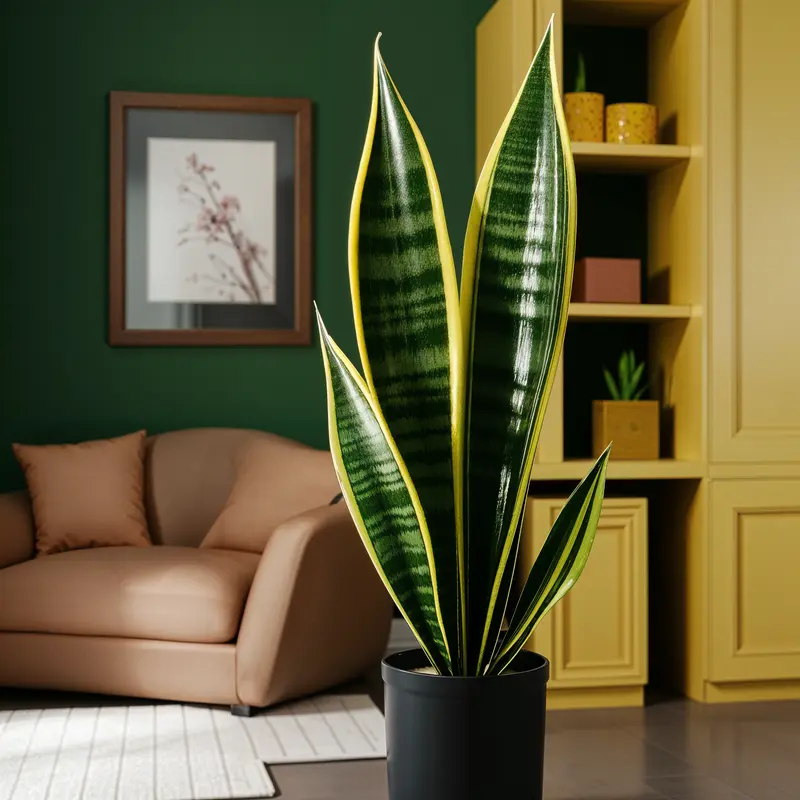 A large green Dracaena trifasciata plant in a black pot, set against a dark moss green accent wall.